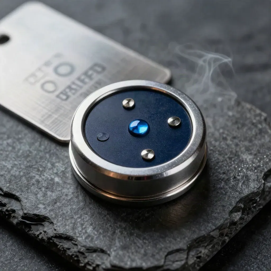Macro shield puck with silver ring and three check stones on wet basalt in mist