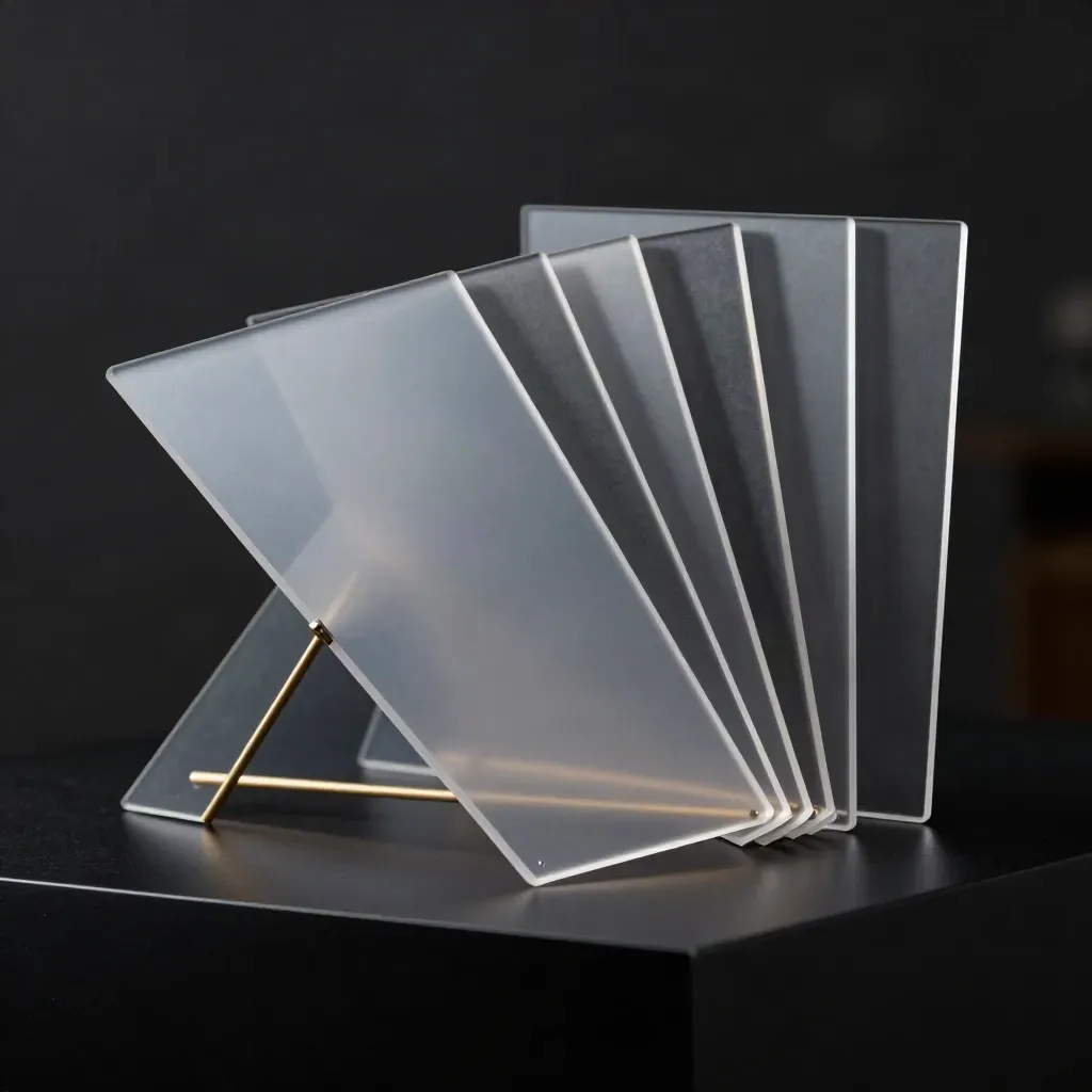 Graphite analytics panels fanned with a gold bar on a matte black plinth.