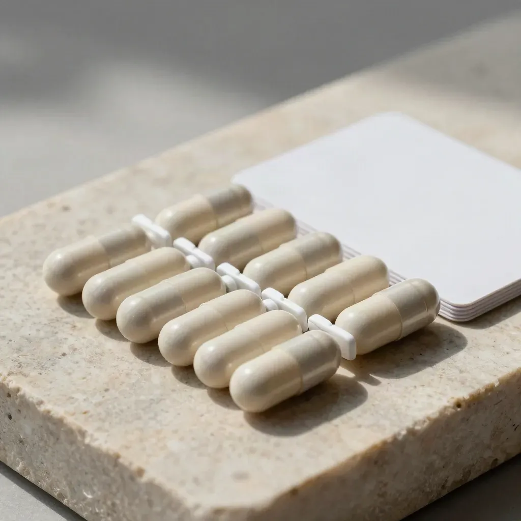 Ivory loyalty capsules linked by a spine on limestone, with mist and soft diagonal shadows.